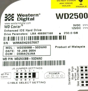 Western Digital WD2500BB-50DWA0 250GB Enhanced IDE Hard Drive – Untested - Afbeelding 1 van 2