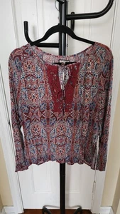 Ethereal Women's Size M Red Long Sleeves Laced Blue/Wine Pattern Top - Picture 1 of 8