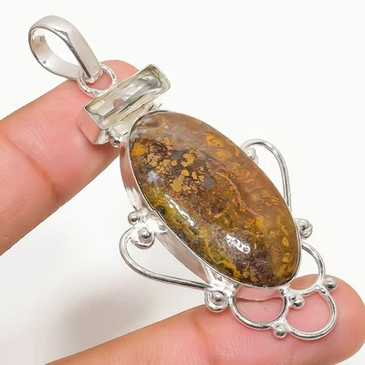 Pendente In Argento Sterling 925 Con Gemma Ocean Jasper E Citrino 2.68" - Immagine 1 di 4