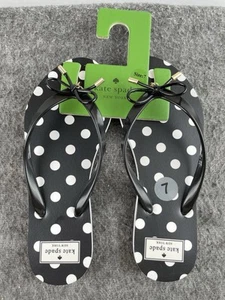 KATE SPADE Sandal Flip Flops Size 7 Black White Polka Dot Bow NOVA Rubber NEW - Picture 1 of 5