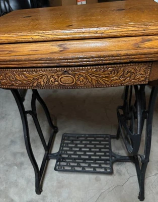 Antique Sewing Machine Table w/ Wrought Iron Stand & Treadle - No Machine - Image 1 of 4
