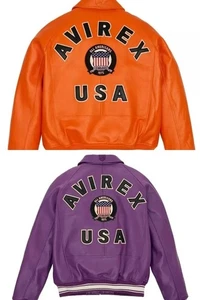 Herren Avirex Leder Echt Rindsleder Bomber USA Orange & Lila Jacke - Bild 1 von 2