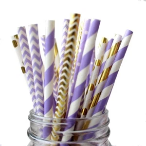 Purple And Gold Biodegradable Drinking Paper Straws Striped Polka Dot Chevron 7. - Picture 1 of 4