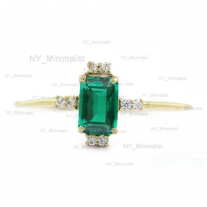 Genuine Baguette Emerald Gemstone Diamond Solitaire Ring Solid 14K Yellow Gold - Picture 1 of 10