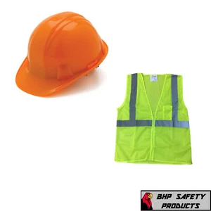 Orange Cap Style Safety Hard Hat with Hi-Vis Lime Vest Construction - Picture 1 of 2