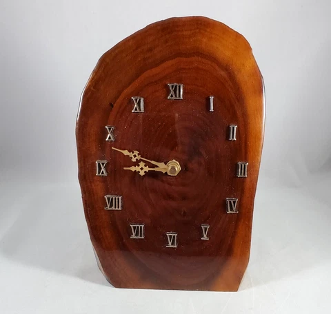 Vintage MCM Lacquered Tree Wood Clock Slab Slice Shelf Mantel Standing Flawed Cover