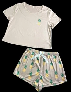 Shein Beige Ananas Kurzarm Crop Top & Shorts Pyjama Set Damen Gr. XL NEU - Bild 1 von 8