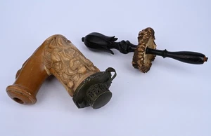 Antique Carved Pipe w/ Brass Mount & Antler Tamper Set - Picture 1 of 16