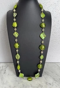 Silver Tone Lime Green Glass Bead Abalone Shell & AB Crystal Beaded Necklace - Picture 1 of 16