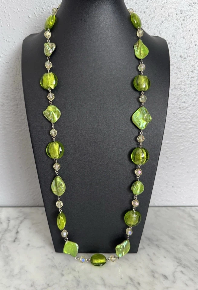 Серебристый тон лайм зеленый стеклянный бусина абалона оболочка и AB кристалл бисер ожерелье - Изображение 1 из 4