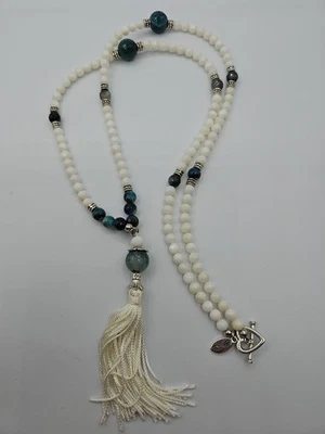 White Beaded Mala Necklace with Blue Agate & Tassel, Yoga Meditation Jewelry - Image 1 of 4