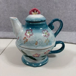 Tetera y taza de gres BARNES & NOBLE té para una anidada 16 oz flores azules - Imagen 1 de 17