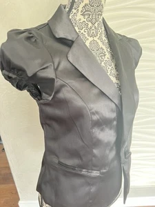 Satin Cap Short Sleeves Button Down Blazer Jacket Black Sz L - Picture 1 of 4
