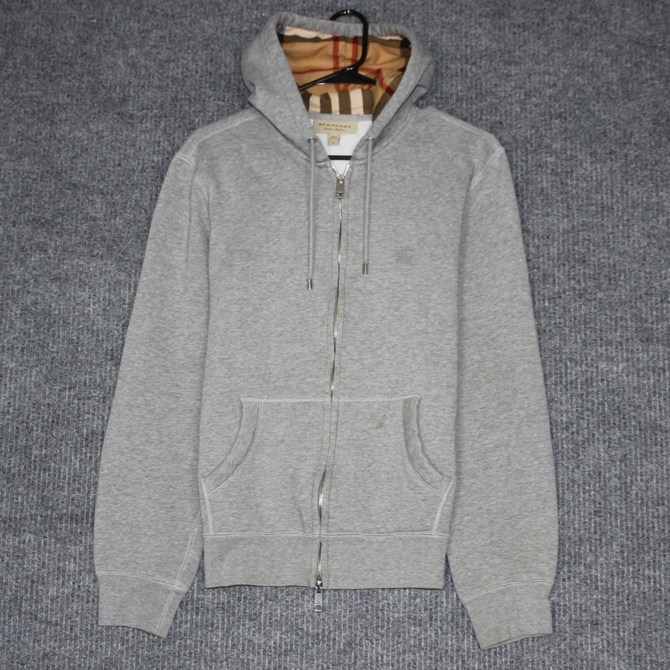 Burberry London England Zip Up Hoodie Grey Plaid Lined Mens Size M - Image 1 of 4