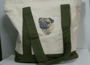 Tan Pug Luxury Embroidered Canvas Shopping bag with gusset, zip and pocket - Picture 1 of 2