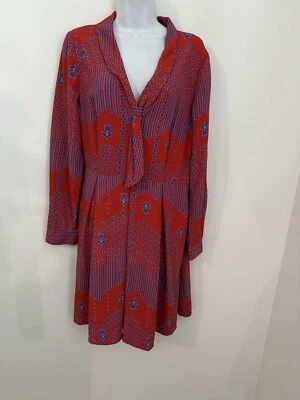 ModCloth Pleasant Confidence Red Blue Geometric A-Line Tie Neck Dress Size 8 - Image 1 of 4