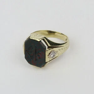 Vintage 14k Yellow Gold, Bloodstone Men's "EK" Signet/Initials Ring Size 5.75 - Picture 1 of 4