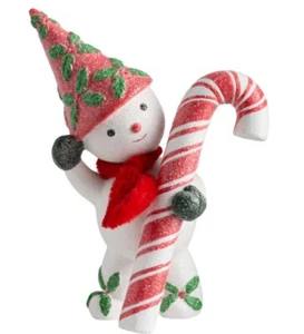 Muñeco de nieve retro de pulpa de papel con decoración de bastón de caramelo 7 pulgadas de alto mercado mundial - Imagen 1 de 3