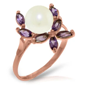 14K. SOLID GOLD RING WITH NATURAL AMETHYSTS & PEARL - Picture 1 of 15