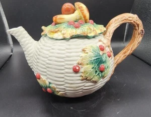VTG 1991 Fitz and Floyd Woodland Foliage Mushrooms Acorns Teapot 40 OZ READ 👇🏻 - Picture 1 of 11