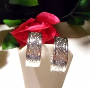 Wide filigree silver tone hoop earrings. - Picture 1 of 8