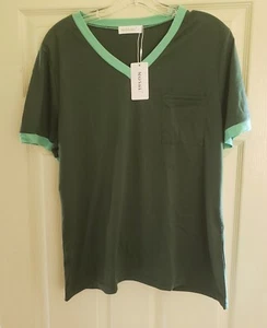 Moshu Green V-Neck Tee Shirt with Light Green Trim - Picture 1 of 3
