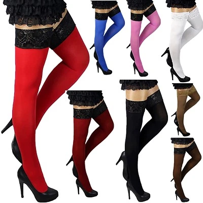 Plus Size warme dickere halterlose Strümpfe Farben blickdicht Spitze 60 o 80 den - Bild 1 von 4