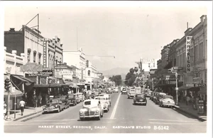 RPPC CA California Redding Market St. View Businesses Old Cars 1949 - Picture 1 of 2