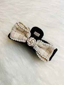 Hair Claw Beige Camellia Flower Tweed Bow Women Hair Clip Accessories New - Picture 1 of 3