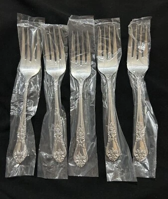 "Lote de 5 tenedores de ensalada Gibson de acero inoxidable con mango adornado floral de 6 5/8""" Foto 1 de 4
