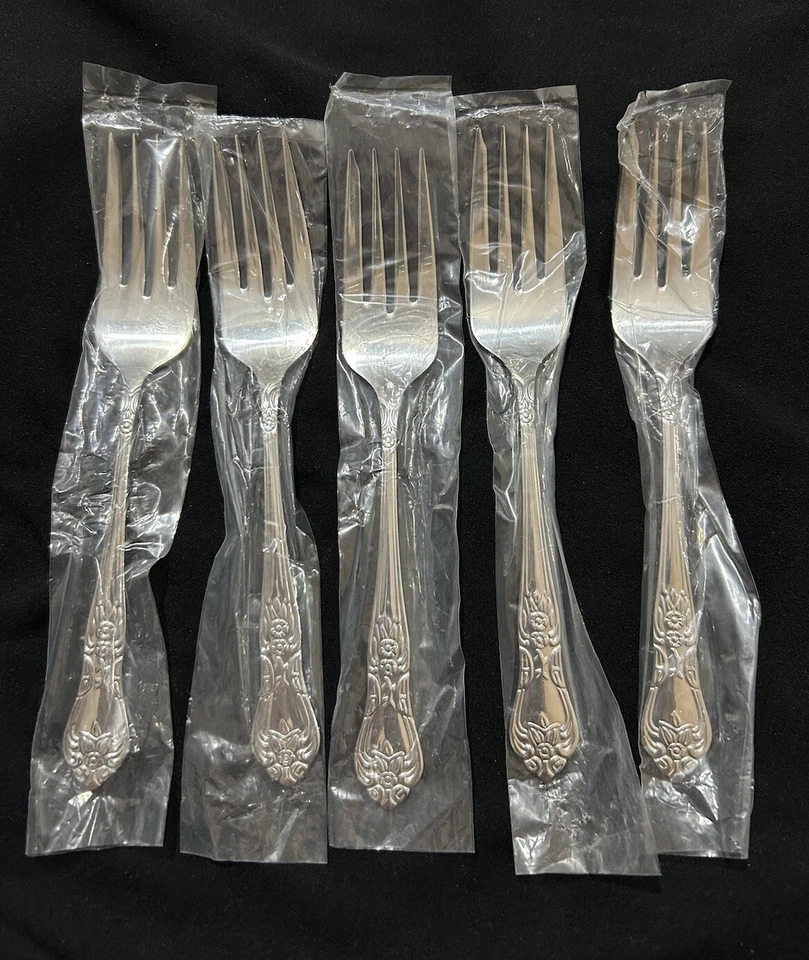 "Lote de 5 tenedores de ensalada Gibson de acero inoxidable con mango adornado floral de 6 5/8""" Foto 1 de 4