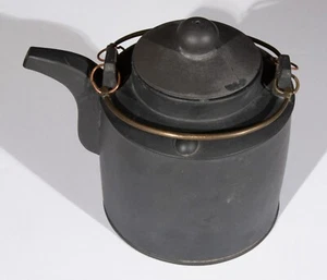 Chinese Black Yixing Clay Straight Body Teapot With Brass & Copper Bail Handles - Picture 1 of 9