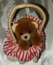 Vintage R. Dakin Brown Bear in Basket Christmas Ornament 1986 4" Red White Strip