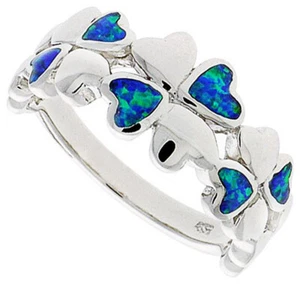 Anillo fino de corazones con incrustaciones de ópalo simulado enchapado en rodio de plata esterlina para mujer de 9 mm - Imagen 1 de 1