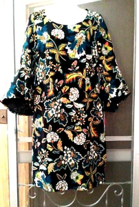 NEW WOMEN'S ANNA SUI LOVES INC BLACK WITH FLORAL PRINT 3/4 BELL SLEEVE DRESS M - Picture 1 of 5