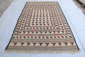 4'1x6'4 ft Afghan Vintage Sumak Rug- Beige Turkman Handmade Pictorial Kilim Rug - Picture 1 of 15