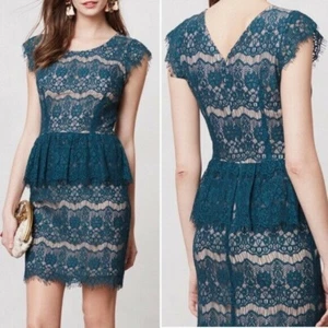 Anthropologie Maeve Elsa Peplum mini abito taglia small pizzo verde acqua maniche a cappuccio - Foto 1 di 9