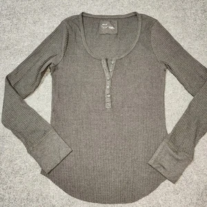 Camicia Aerie Henley donna grande antracite a costine manica lunga Y2K - Foto 1 di 13