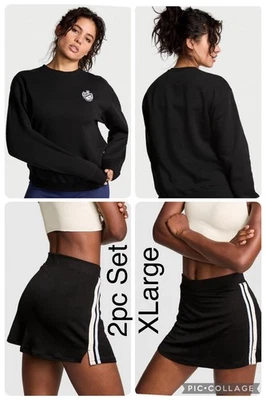 VS 粉色 2 件装黑色圆领运动衫和田径裙 Ecru 浅蓝色条纹 XL — 第 1/4 张图片