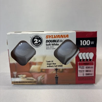Sylvania Double Life 100 Watt Soft White Light Bulbs 4 Pack Made USA Old School - Image 1 of 4