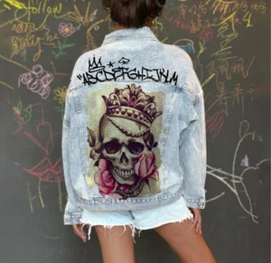Schädel Totenkopf Skull Punk Jeans Jacket Jacke Coat Mantel Freizeit Damen - Bild 1 von 7
