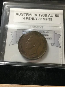 1938   Australia ; 1/2 Penny , Coin Mart Graded**AU-50** KM# 35 - Picture 1 of 8