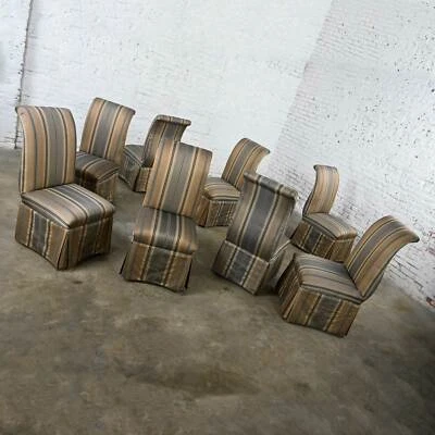 8 Parsons Style Dining Chairs with Rolled Backs Skirted Striped Taffeta Fabric - Изображение 1 из 4