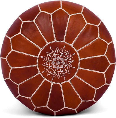 Ottoman Pouf Leather Footstool Round Moroccan Brown Handmade Stool Pouffe - Image 1 of 4