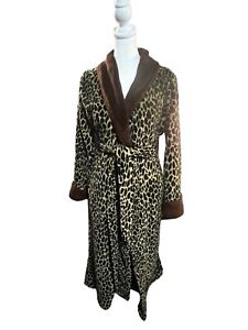 Oscar de la Renta Leopard Print Plush Cozy Robe, Pockets And Ties, Size S/M