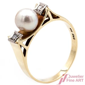 Ring 585 Gelb & Weißgold mit Perle & Diamanten - Picture 1 of 4