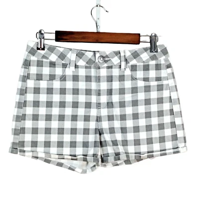 So womens chino shorts juniors 7 stretch check white gray soft cuffed flat front - Image 1 of 4