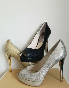 Michael KORS YORK BLACK SILVER GOLD GLITTER OPEN TOE PLATFORM PUMPS I LOVE SHOES - Picture 1 of 15
