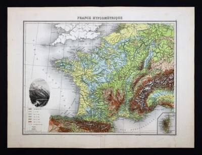 1880 Migeon Map France Hypsometric Physical Elevations Alsps Pyrenees Mont Blanc - Image 1 of 4