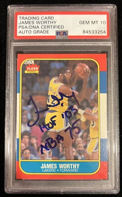 James Worthy Signed 1986 Fleer Card PSA GEM MINT 10 AUTO HOF 03 NBA 75 Autograph - Image 1 of 4